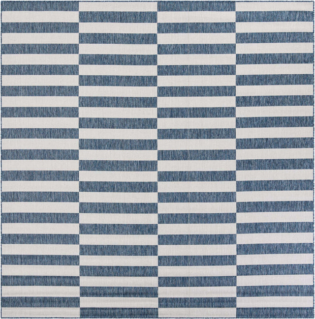 Blue 10' x 10' Outdoor Striped Square Area Rug Weather Resistant for Patio, Deck, Terrace, Balcony, Porch Geometric Pattern Waterproof Carpet for Sale at Rug Engine