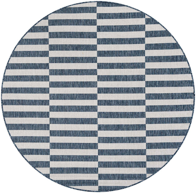 Blue 6' 1 x 6' 1 Outdoor Striped Round Area Rug Weather Resistant for Patio, Deck, Terrace, Balcony, Porch Geometric Pattern Waterproof Carpet for Sale at Rug Engine