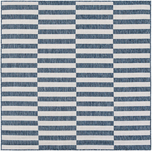 Blue 6' 1 x 6' 1 Outdoor Striped Square Area Rug Weather Resistant for Patio, Deck, Terrace, Balcony, Porch Geometric Pattern Waterproof Carpet for Sale at Rug Engine