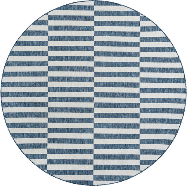 Blue 7' 10 x 7' 10 Outdoor Striped Round Area Rug Weather Resistant for Patio, Deck, Terrace, Balcony, Porch Geometric Pattern Waterproof Carpet for Sale at Rug Engine