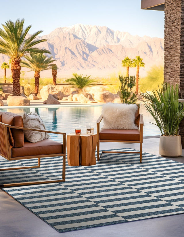 Blue 7' 10 x 7' 10 Outdoor Striped Square Area Rug Weather Resistant for Patio, Deck, Terrace, Balcony, Porch Geometric Pattern Waterproof Carpet for Sale at Rug Engine