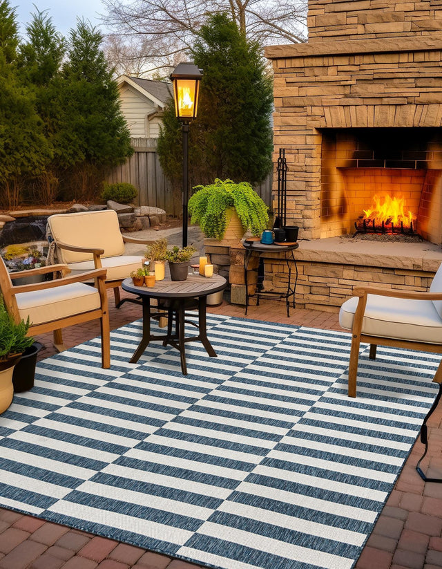 Blue 10' x 10' Outdoor Striped Square Area Rug Weather Resistant for Patio, Deck, Terrace, Balcony, Porch Geometric Pattern Waterproof Carpet for Sale at Rug Engine