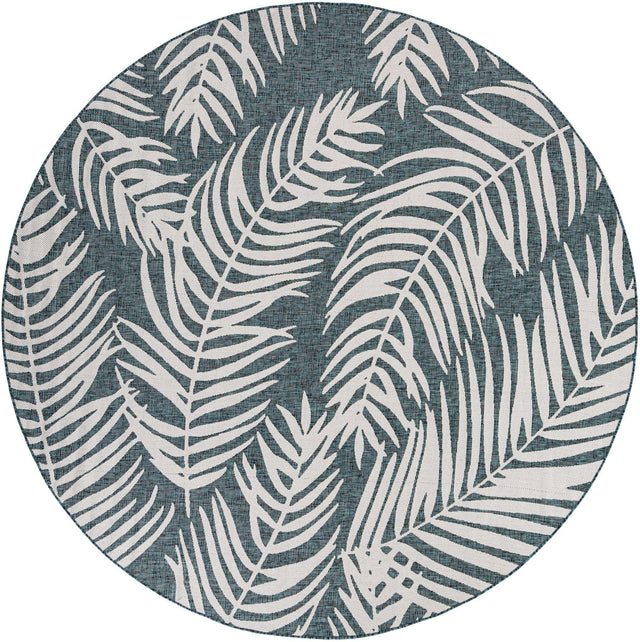Teal 10' x 10' Outdoor Botanical Round Area Rug Weather Resistant for Patio, Deck, Terrace, Balcony, Porch Polypropylene Garden Floral Tropical Carpet for Sale at Rug Engine