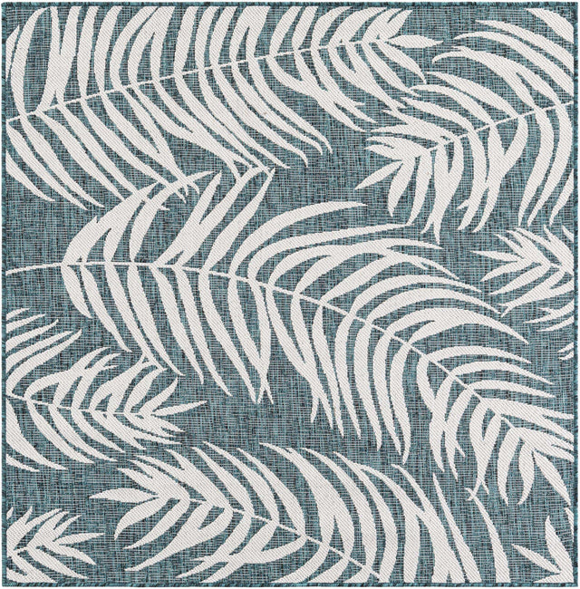Teal 5' 3 x 5' 3 Outdoor Botanical Square Area Rug Weather Resistant for Patio, Deck, Terrace, Balcony, Porch Polypropylene Garden Floral Tropical Carpet for Sale at Rug Engine