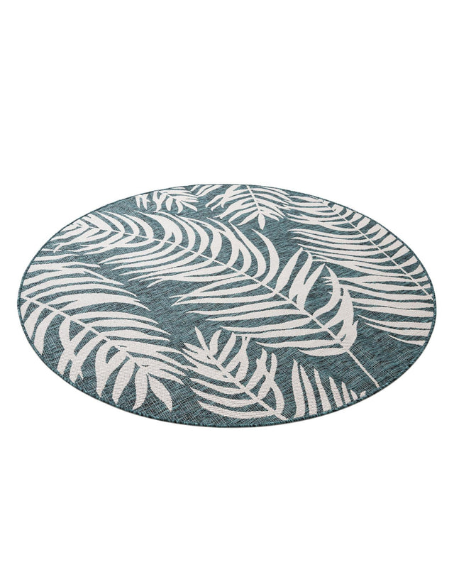 Teal 6' 1 x 6' 1 Outdoor Botanical Round Area Rug Weather Resistant for Patio, Deck, Terrace, Balcony, Porch Polypropylene Garden Floral Tropical Carpet for Sale at Rug Engine