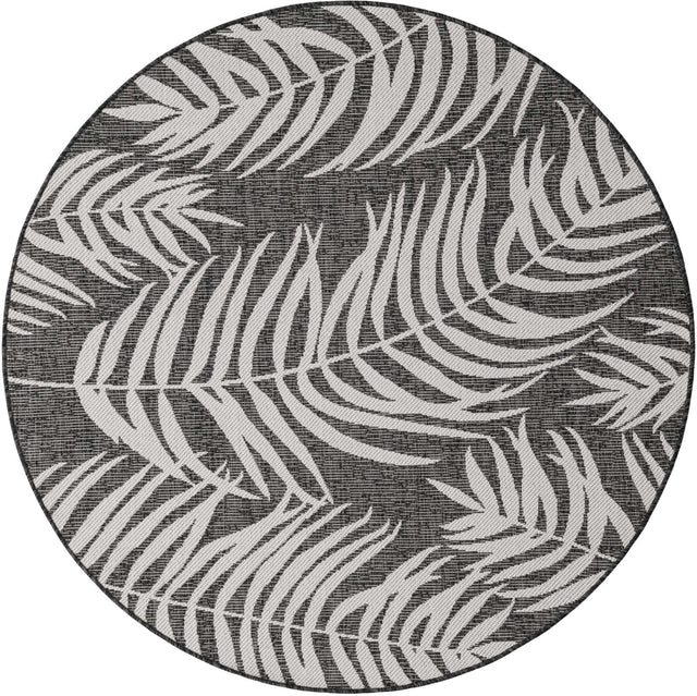 Charcoal 5' 3 x 5' 3 Outdoor Botanical Round Area Rug Weather Resistant for Patio, Deck, Terrace, Balcony, Porch Polypropylene Garden Floral Tropical Carpet for Sale at Rug Engine