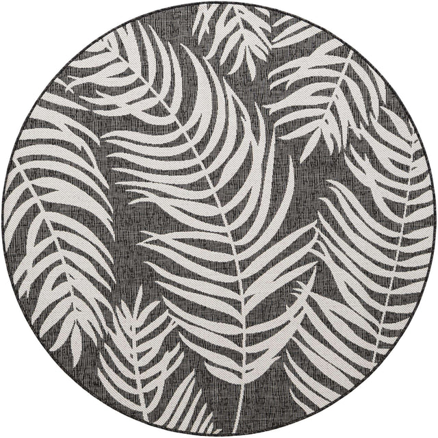 Charcoal 6' 1 x 6' 1 Outdoor Botanical Round Area Rug Weather Resistant for Patio, Deck, Terrace, Balcony, Porch Polypropylene Garden Floral Tropical Carpet for Sale at Rug Engine