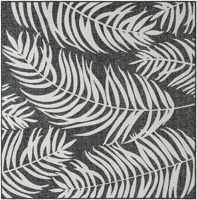 Charcoal 6' 1 x 6' 1 Outdoor Botanical Square Area Rug Weather Resistant for Patio, Deck, Terrace, Balcony, Porch Polypropylene Garden Floral Tropical Carpet for Sale at Rug Engine