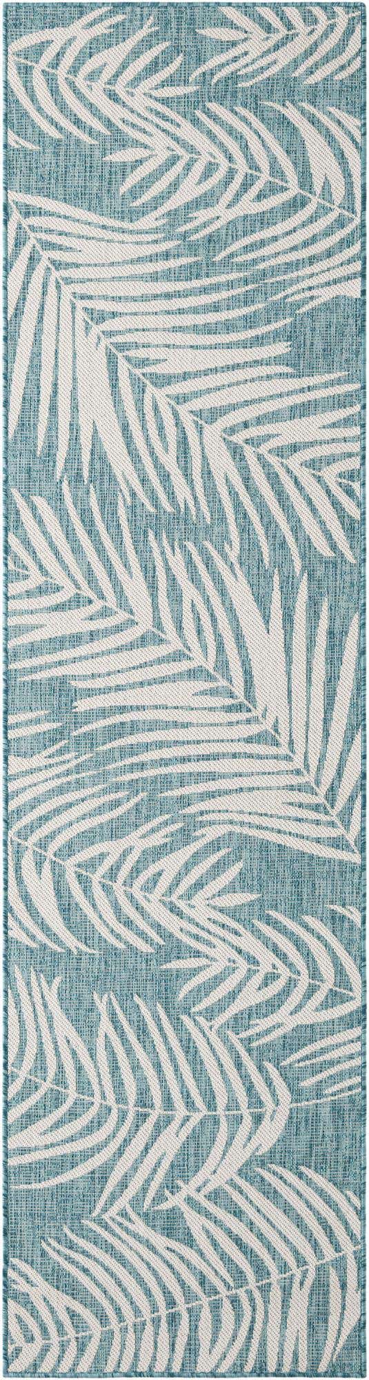 Light Aqua 2' 7 x 10' Outdoor Botanical Runner Area Rug Weather Resistant for Patio, Deck, Terrace, Balcony, Porch Polypropylene Garden Floral Tropical Carpet for Sale at Rug Engine