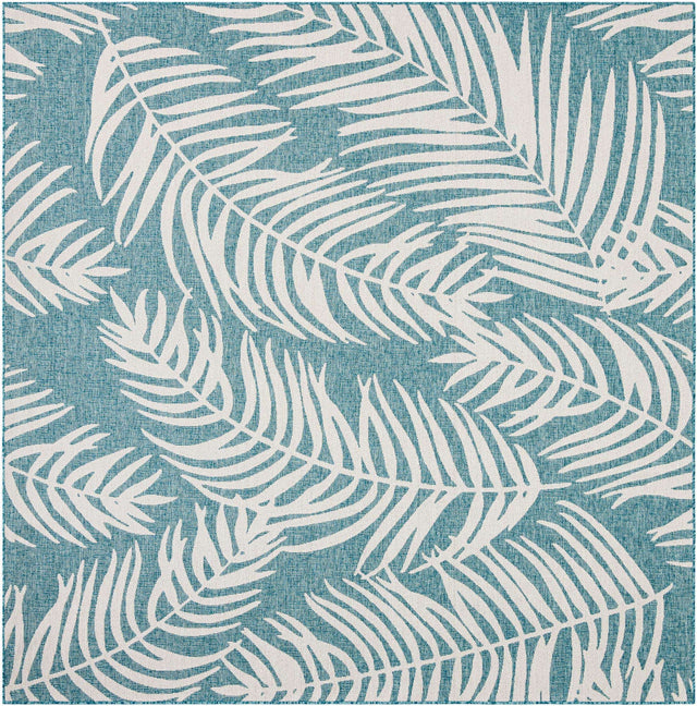 Light Aqua 10' x 10' Outdoor Botanical Square Area Rug Weather Resistant for Patio, Deck, Terrace, Balcony, Porch Polypropylene Garden Floral Tropical Carpet for Sale at Rug Engine