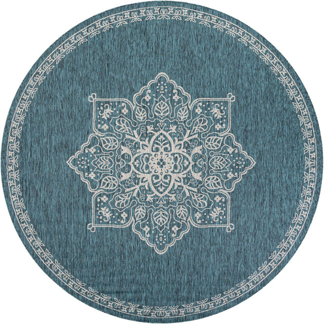 Teal 10' x 10' Outdoor Traditional Round Area Rug Weather Resistant for Patio, Deck, Terrace, Balcony, Porch Classical Design Outside Carpet for Sale at Rug Engine