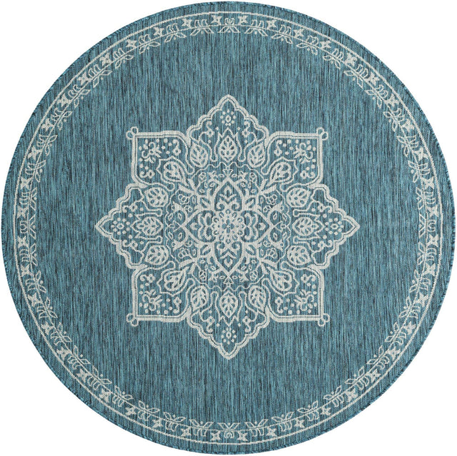 Teal 6' 1 x 6' 1 Outdoor Traditional Round Area Rug Weather Resistant for Patio, Deck, Terrace, Balcony, Porch Classical Design Outside Carpet for Sale at Rug Engine