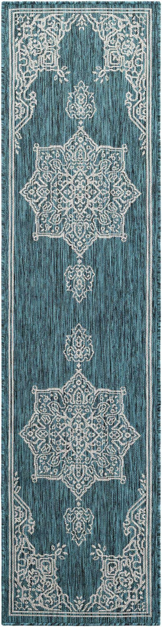 Teal 2' x 8' Outdoor Traditional Runner Area Rug Weather Resistant for Patio, Deck, Terrace, Balcony, Porch Classical Design Outside Carpet for Sale at Rug Engine