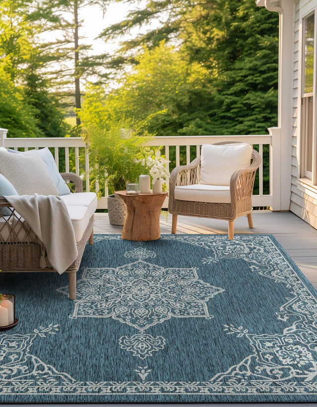 Teal 10' x 10' Outdoor Traditional Square Area Rug Weather Resistant for Patio, Deck, Terrace, Balcony, Porch Classical Design Outside Carpet for Sale at Rug Engine