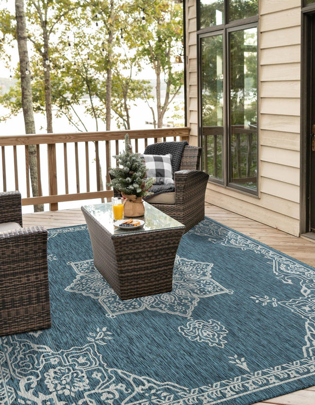 Teal 7' 10 x 7' 10 Outdoor Traditional Square Area Rug Weather Resistant for Patio, Deck, Terrace, Balcony, Porch Classical Design Outside Carpet for Sale at Rug Engine