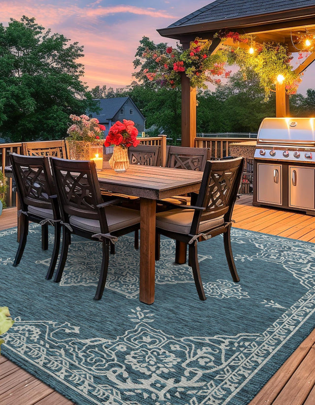 Teal 7' 10 x 7' 10 Outdoor Traditional Square Area Rug Weather Resistant for Patio, Deck, Terrace, Balcony, Porch Classical Design Outside Carpet for Sale at Rug Engine