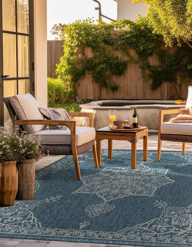 Teal 10' x 10' Outdoor Traditional Square Area Rug Weather Resistant for Patio, Deck, Terrace, Balcony, Porch Classical Design Outside Carpet for Sale at Rug Engine
