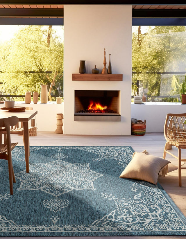 Teal 10' x 10' Outdoor Traditional Square Area Rug Weather Resistant for Patio, Deck, Terrace, Balcony, Porch Classical Design Outside Carpet for Sale at Rug Engine