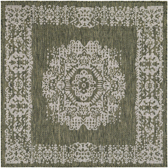 Green 5' 3 x 5' 3 Outdoor Traditional Square Area Rug Weather Resistant for Patio, Deck, Terrace, Balcony, Porch Classical Design Outside Carpet for Sale at Rug Engine