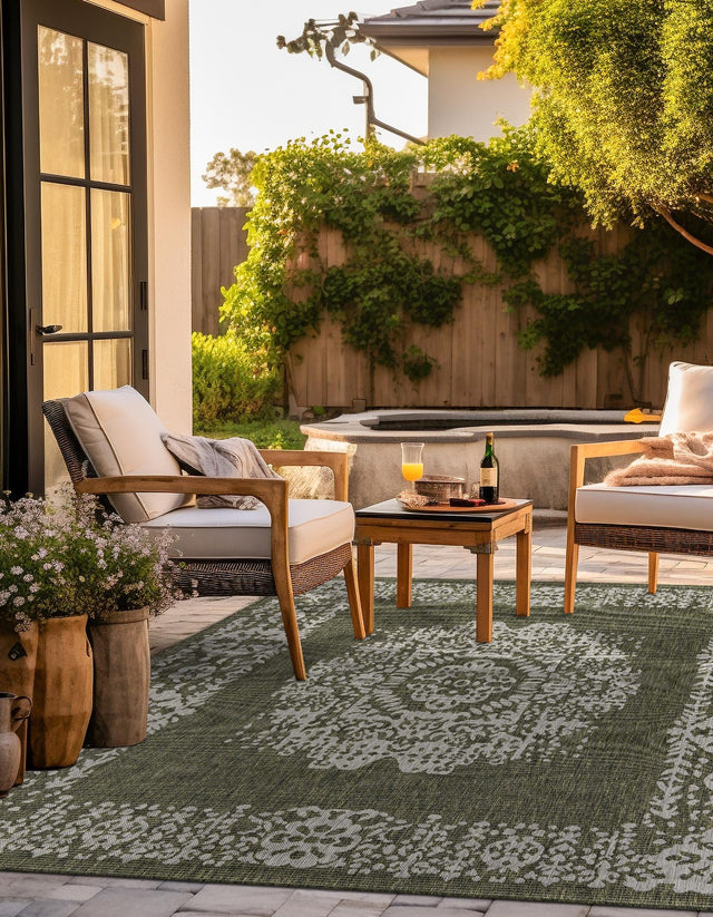Green 12' x 12' Outdoor Traditional Square Area Rug Weather Resistant for Patio, Deck, Terrace, Balcony, Porch Classical Design Outside Carpet for Sale at Rug Engine