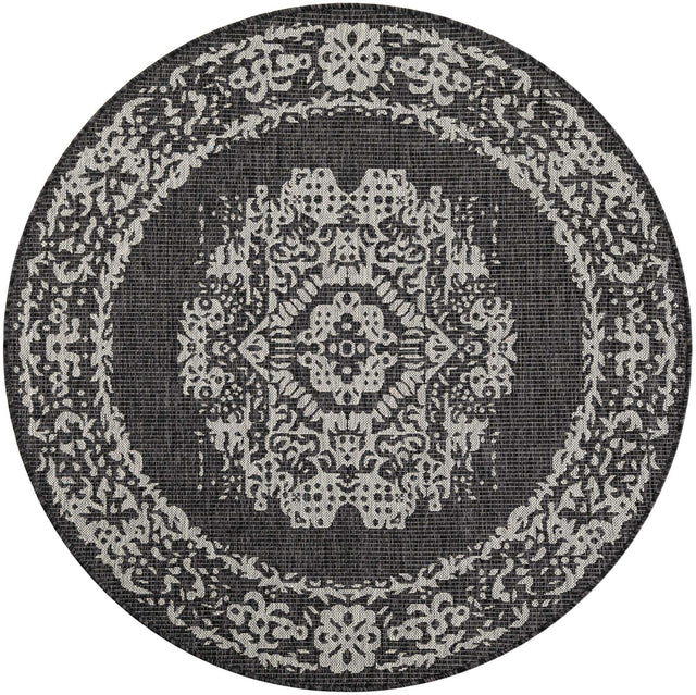 Charcoal Gray 5' 3 x 5' 3 Outdoor Traditional Round Area Rug Weather Resistant for Patio, Deck, Terrace, Balcony, Porch Classical Design Outside Carpet for Sale at Rug Engine