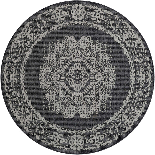 Charcoal Gray 6' 1 x 6' 1 Outdoor Traditional Round Area Rug Weather Resistant for Patio, Deck, Terrace, Balcony, Porch Classical Design Outside Carpet for Sale at Rug Engine