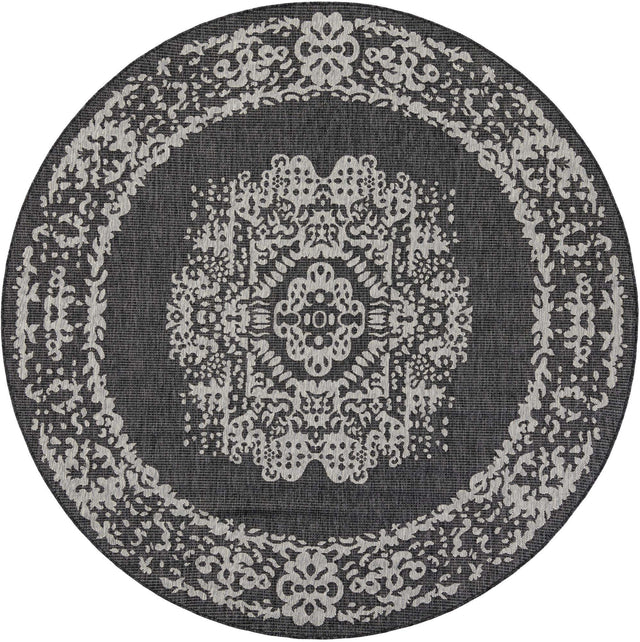 Charcoal Gray 7' 10 x 7' 10 Outdoor Traditional Round Area Rug Weather Resistant for Patio, Deck, Terrace, Balcony, Porch Classical Design Outside Carpet for Sale at Rug Engine