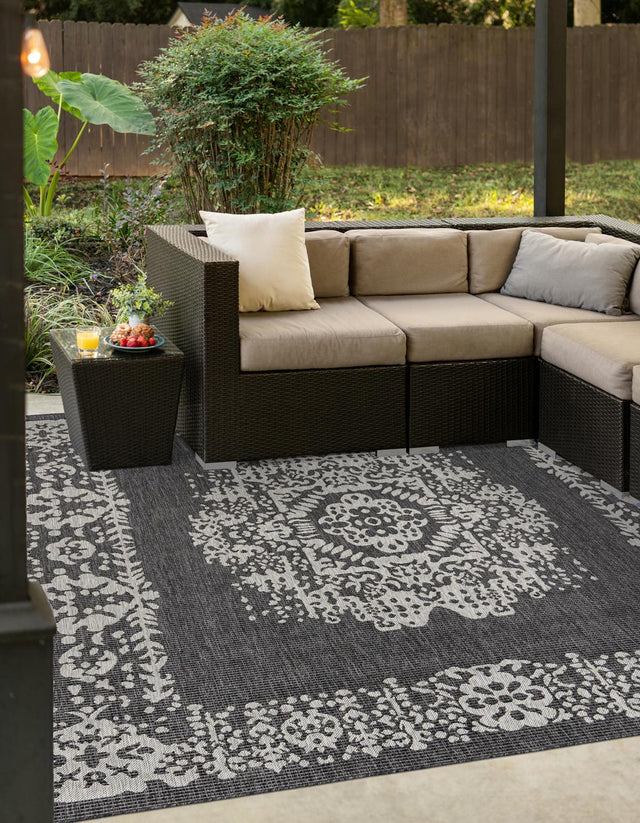 Charcoal Gray 6' 1 x 6' 1 Outdoor Traditional Square Area Rug Weather Resistant for Patio, Deck, Terrace, Balcony, Porch Classical Design Outside Carpet for Sale at Rug Engine