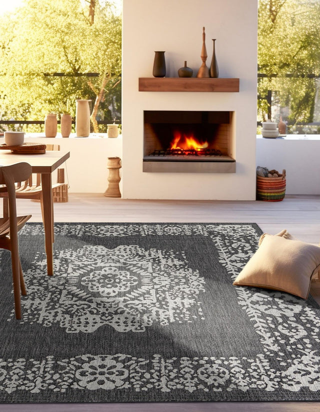 Charcoal Gray 6' 1 x 6' 1 Outdoor Traditional Square Area Rug Weather Resistant for Patio, Deck, Terrace, Balcony, Porch Classical Design Outside Carpet for Sale at Rug Engine