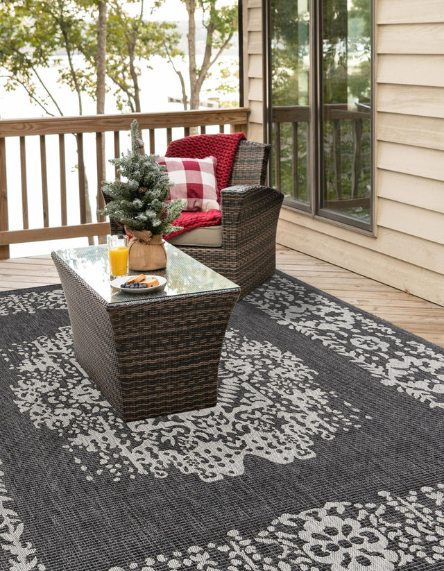 Charcoal Gray 6' 1 x 6' 1 Outdoor Traditional Square Area Rug Weather Resistant for Patio, Deck, Terrace, Balcony, Porch Classical Design Outside Carpet for Sale at Rug Engine