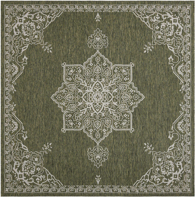 Green 10' x 10' Outdoor Traditional Square Area Rug Weather Resistant for Patio, Deck, Terrace, Balcony, Porch Classical Design Outside Carpet for Sale at Rug Engine