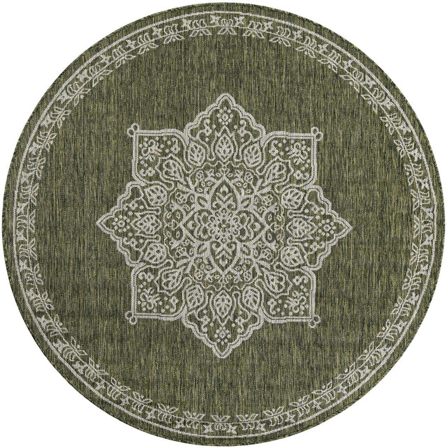 Green 5' 3 x 5' 3 Outdoor Traditional Round Area Rug Weather Resistant for Patio, Deck, Terrace, Balcony, Porch Classical Design Outside Carpet for Sale at Rug Engine