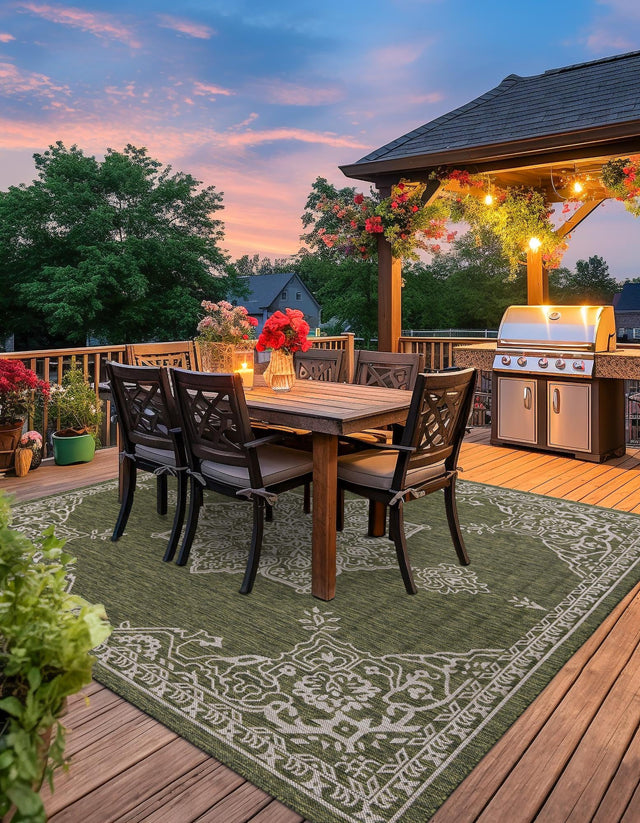 Green 12' x 12' Outdoor Traditional Square Area Rug Weather Resistant for Patio, Deck, Terrace, Balcony, Porch Classical Design Outside Carpet for Sale at Rug Engine