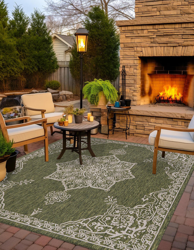 Green 12' x 12' Outdoor Traditional Square Area Rug Weather Resistant for Patio, Deck, Terrace, Balcony, Porch Classical Design Outside Carpet for Sale at Rug Engine
