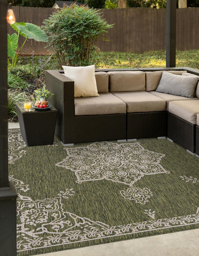 Green 12' x 12' Outdoor Traditional Square Area Rug Weather Resistant for Patio, Deck, Terrace, Balcony, Porch Classical Design Outside Carpet for Sale at Rug Engine