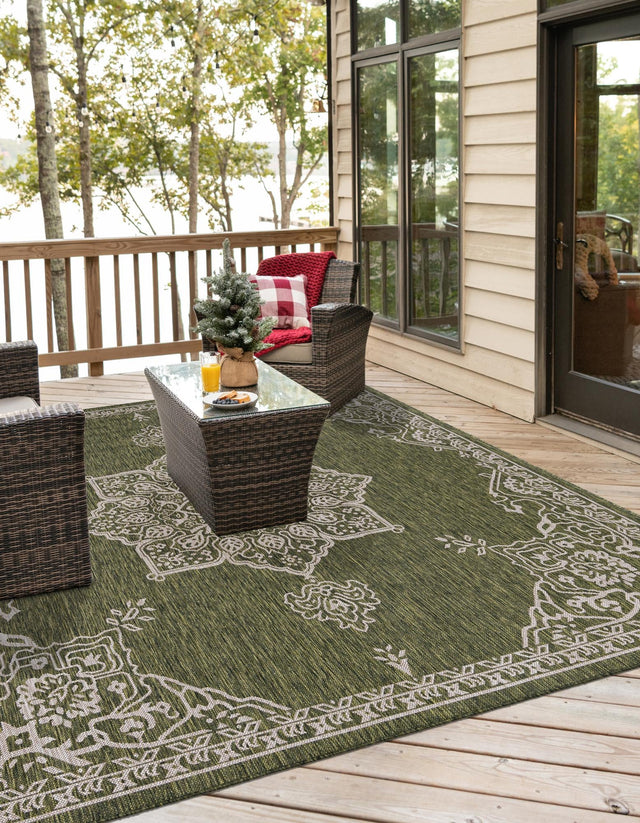 Green 12' x 12' Outdoor Traditional Square Area Rug Weather Resistant for Patio, Deck, Terrace, Balcony, Porch Classical Design Outside Carpet for Sale at Rug Engine