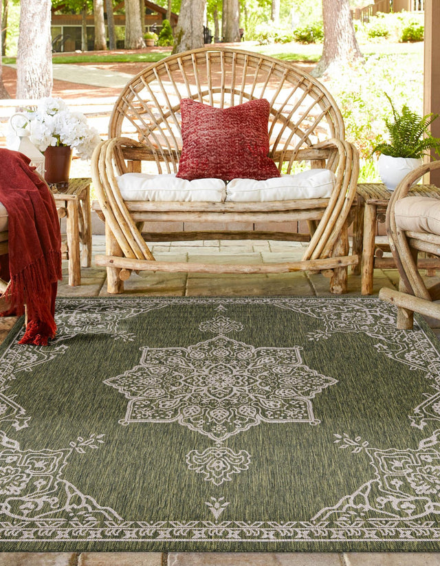 Green 12' x 12' Outdoor Traditional Square Area Rug Weather Resistant for Patio, Deck, Terrace, Balcony, Porch Classical Design Outside Carpet for Sale at Rug Engine
