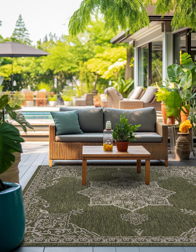 Green 12' x 12' Outdoor Traditional Square Area Rug Weather Resistant for Patio, Deck, Terrace, Balcony, Porch Classical Design Outside Carpet for Sale at Rug Engine