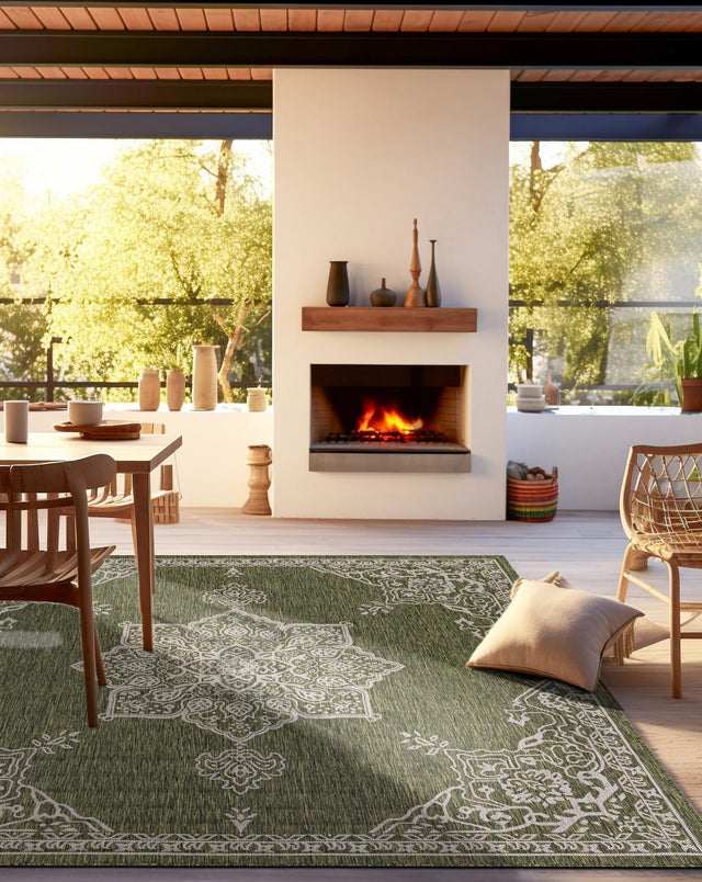 Green 12' x 12' Outdoor Traditional Square Area Rug Weather Resistant for Patio, Deck, Terrace, Balcony, Porch Classical Design Outside Carpet for Sale at Rug Engine