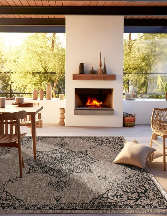 Beige 12' x 12' Outdoor Traditional Square Area Rug Weather Resistant for Patio, Deck, Terrace, Balcony, Porch Classical Design Outside Carpet for Sale at Rug Engine