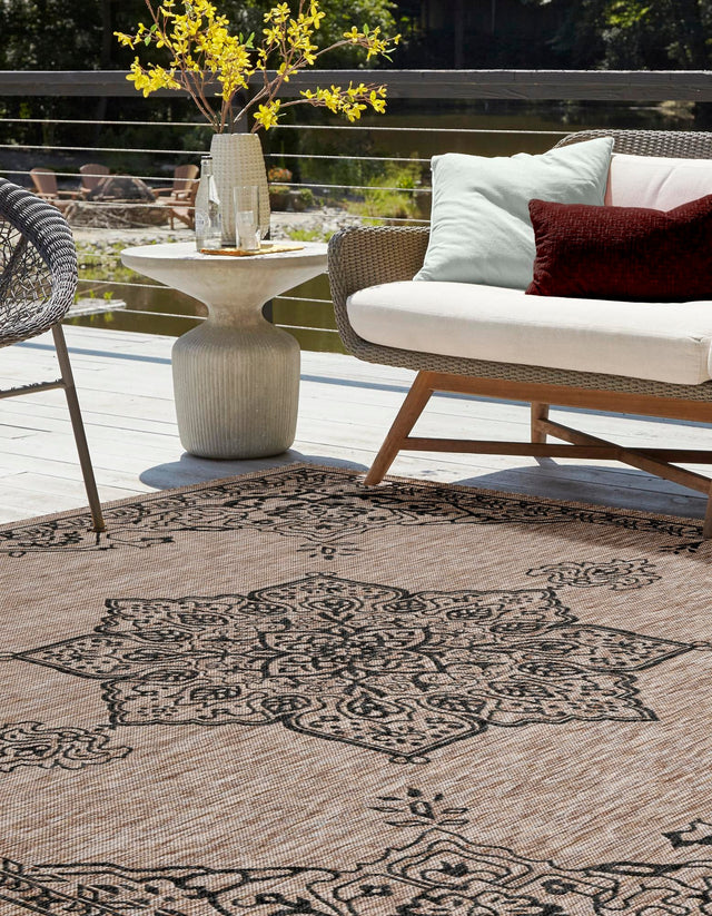 Beige 10' x 10' Outdoor Traditional Square Area Rug Weather Resistant for Patio, Deck, Terrace, Balcony, Porch Classical Design Outside Carpet for Sale at Rug Engine