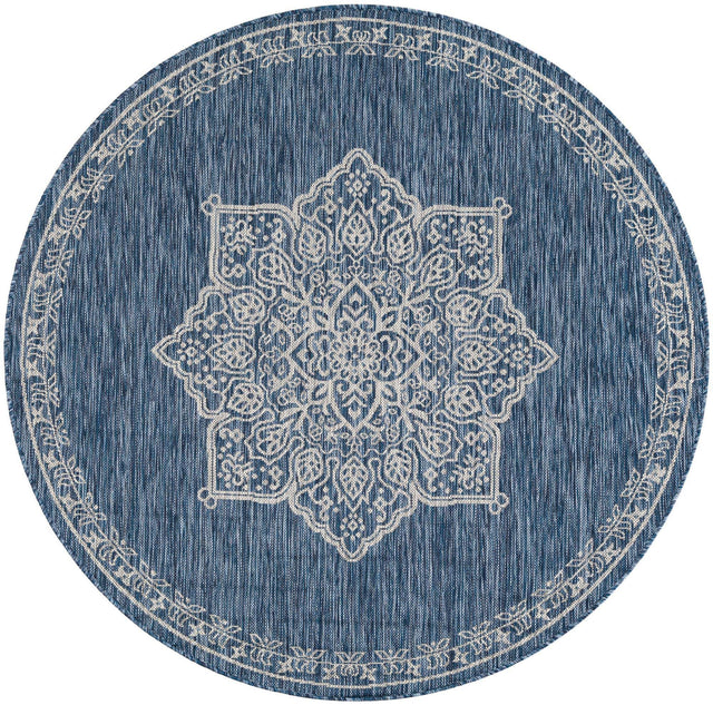 Blue 5' 3 x 5' 3 Outdoor Traditional Round Area Rug Weather Resistant for Patio, Deck, Terrace, Balcony, Porch Classical Design Outside Carpet for Sale at Rug Engine