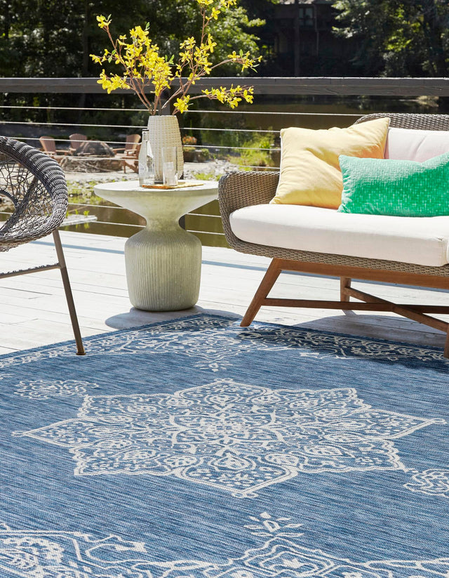 Blue 10' x 10' Outdoor Traditional Square Area Rug Weather Resistant for Patio, Deck, Terrace, Balcony, Porch Classical Design Outside Carpet for Sale at Rug Engine