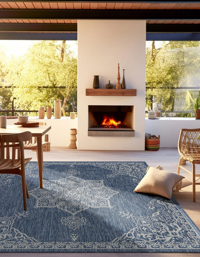 Blue 10' x 10' Outdoor Traditional Square Area Rug Weather Resistant for Patio, Deck, Terrace, Balcony, Porch Classical Design Outside Carpet for Sale at Rug Engine