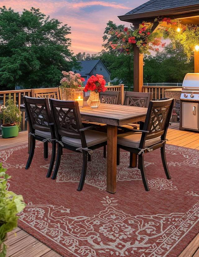 Rust Red 7' 10 x 7' 10 Outdoor Traditional Square Area Rug Weather Resistant for Patio, Deck, Terrace, Balcony, Porch Classical Design Outside Carpet for Sale at Rug Engine