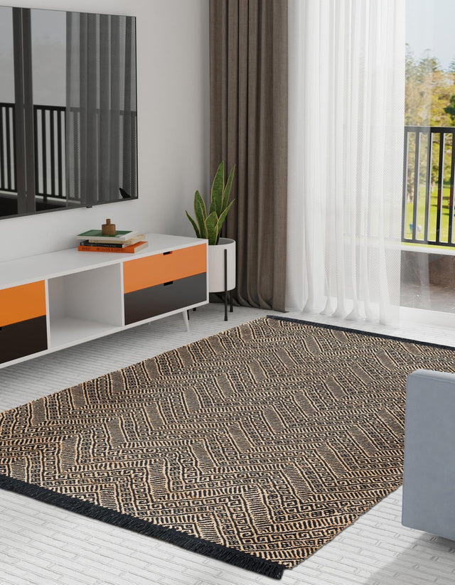 Black and Natural 4' 1 x 6' 1 Braided Jute Rectangle Area Rug 100% Jute Hand Braided Natural Eco-Friendly Boho Style Carpet for Living Rooms Dining Office Space Dorms for Sale at Rug Engine