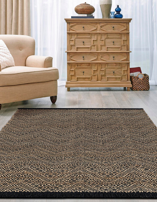 Black and Natural 4' 1 x 6' 1 Braided Jute Rectangle Area Rug 100% Jute Hand Braided Natural Eco-Friendly Boho Style Carpet for Living Rooms Dining Office Space Dorms for Sale at Rug Engine