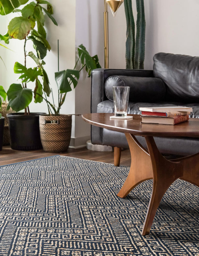 Navy Blue and White 7' 10 x 10' Braided Jute Rectangle Area Rug 100% Jute Hand Braided Natural Eco-Friendly Boho Style Carpet for Living Rooms Dining Office Space Dorms for Sale at Rug Engine