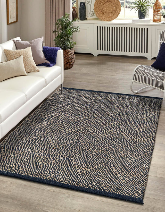 Navy Blue and White 10' x 14' 1 Braided Jute Rectangle Area Rug 100% Jute Hand Braided Natural Eco-Friendly Boho Style Carpet for Living Rooms Dining Office Space Dorms for Sale at Rug Engine