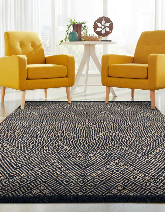 Navy Blue and White 5' 1 x 8' Braided Jute Rectangle Area Rug 100% Jute Hand Braided Natural Eco-Friendly Boho Style Carpet for Living Rooms Dining Office Space Dorms for Sale at Rug Engine